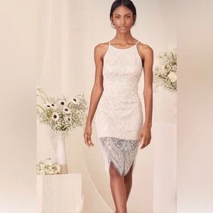 Lulu’s Lace High Neck Halter Sleeveless Midi White Nude Dress